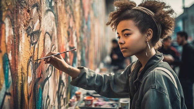 Una mujer pinta una pared con grafitis.