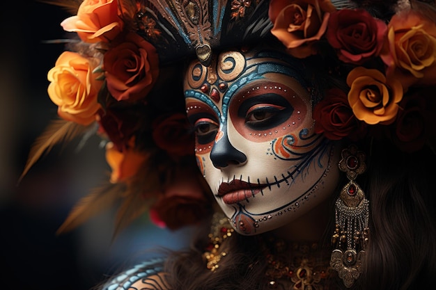 La mujer pinta su cara cráneo y decorar con flores Día de la muerte fondo concepto de la cultura