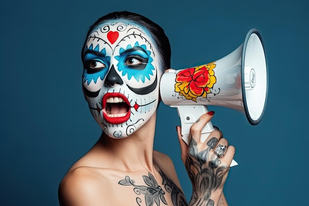 Mujer pintada de catrina gritando con un megáfono