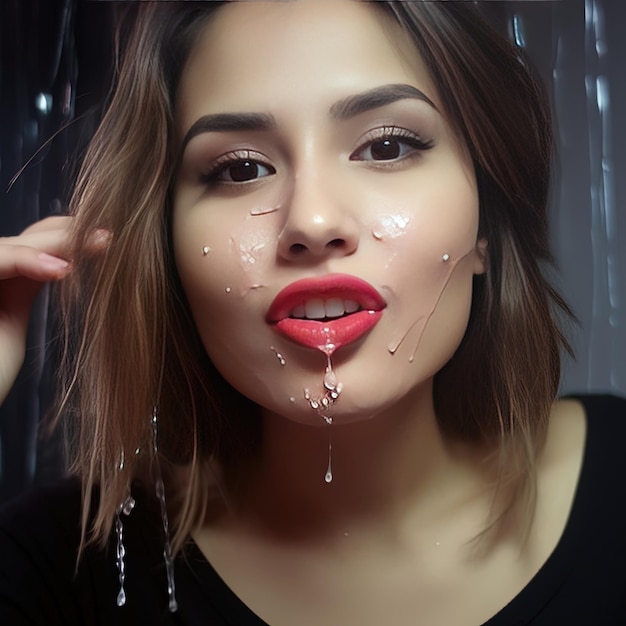 una mujer con un pintalabios rojo en los labios está cubierta de agua.