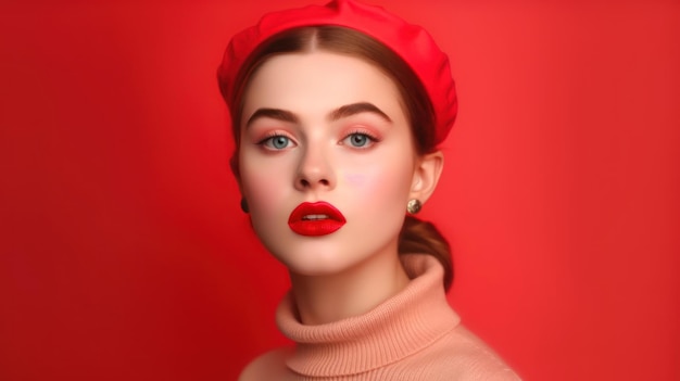 Una mujer con pintalabios rojo y sombrero rosa.