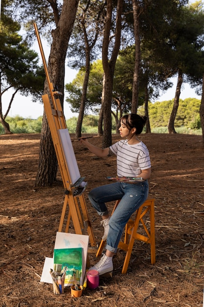 Foto mujer pintando al aire libre sobre lienzo con paleta