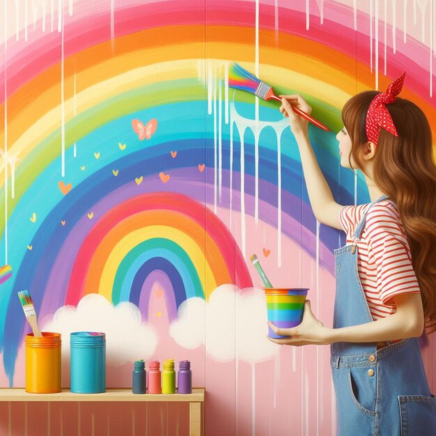 Foto una mujer pintando un arcoíris con un arco iris en el fondo