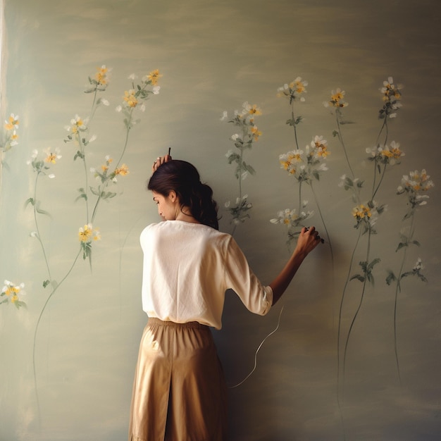 una mujer pintando flores en una pared con las palabras " margaritas " en la pared.