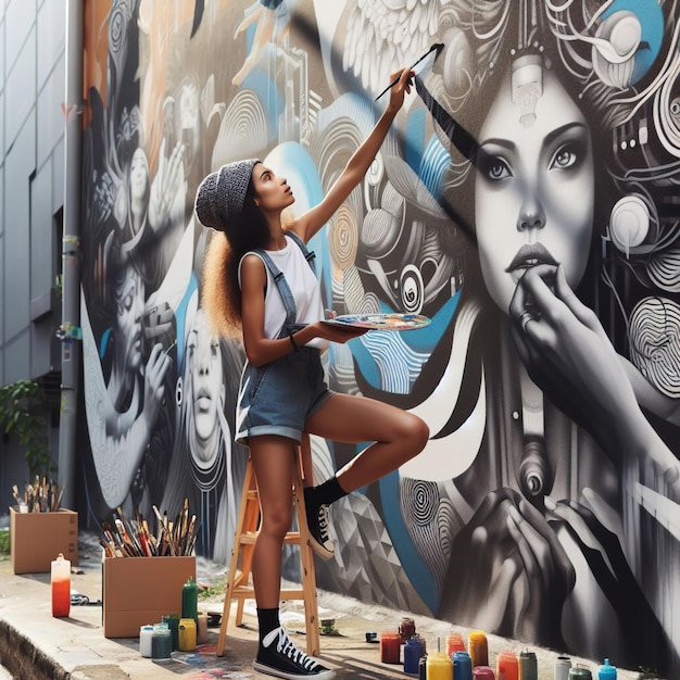 una mujer pintando un mural de arte una pared