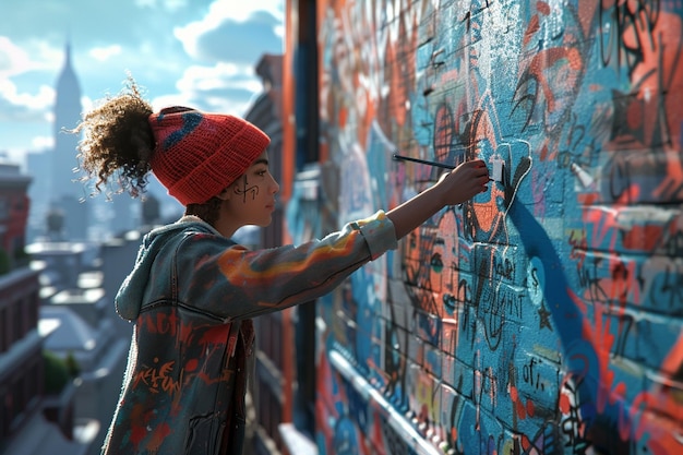 Foto mujer pintando un mural en la ciudad