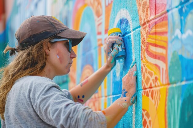 Una mujer pintando un mural en una pared