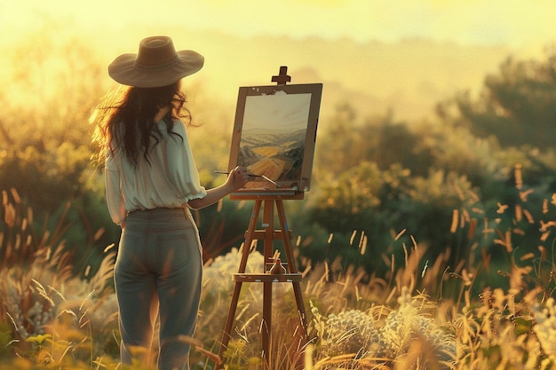 Foto mujer pintando un paisaje en plein air
