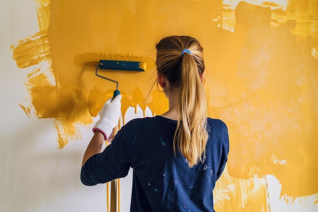 Foto una mujer está pintando una pared con un pincel de pintura y un cepillo de pintura