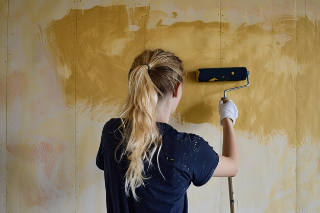 Foto una mujer está pintando una pared con pintura en ella