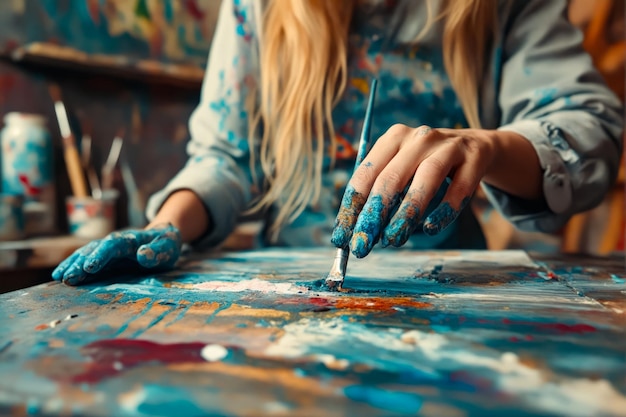 Foto una mujer pintando con pintura en las manos