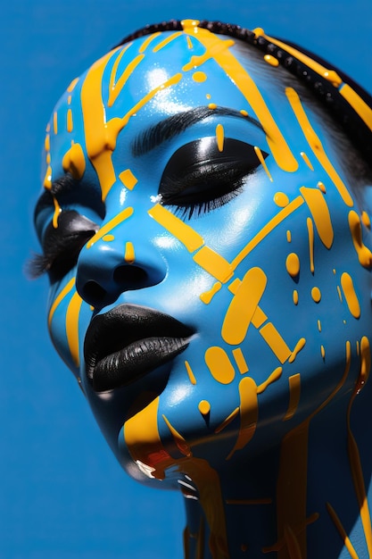 Una mujer con pintura azul y amarilla en la cara.