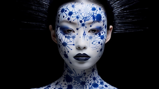 una mujer con pintura azul en la cara y las palabras "azul" en la cara.