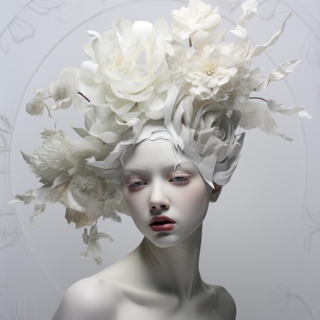 una mujer con pintura blanca para el cuerpo y flores en la cabeza