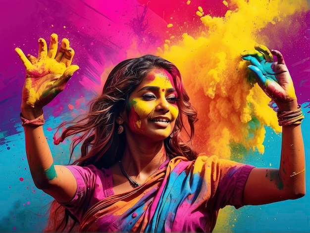 una mujer con pintura colorida en la cara y las manos en el aire