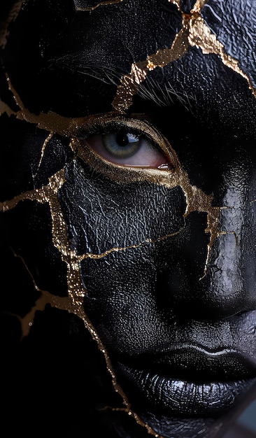 Mujer con pintura corporal negra y dorada joven africana alegre con pintura corporal artística una modelo increíble con maquillaje amarillo rostro de primer plano