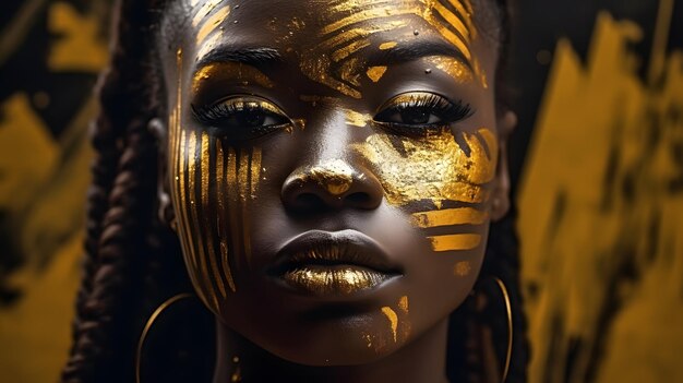 Una mujer con pintura dorada en la cara.