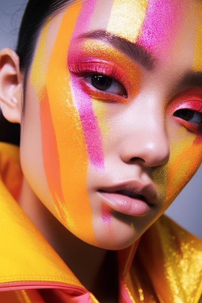 Una mujer con pintura facial amarilla y rosa brillante y una chaqueta amarilla.