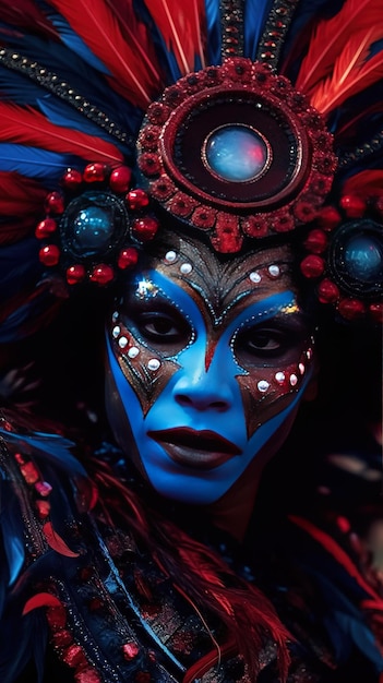 Una mujer con pintura facial azul y una cara roja y azul.