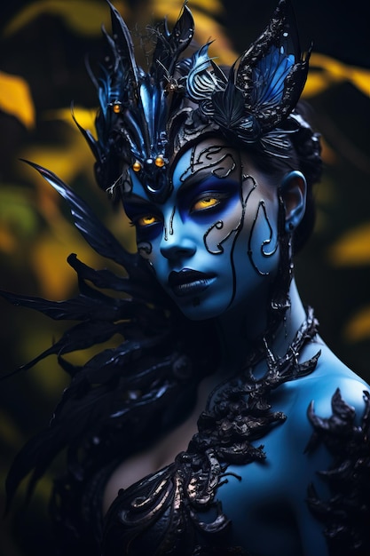una mujer con pintura facial azul y plumas negras