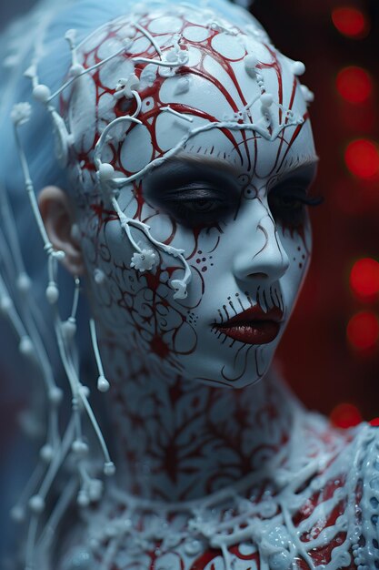 una mujer con pintura facial blanca y roja