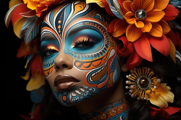 Una mujer con una pintura facial colorida en la cara está decorada con flores y flores.