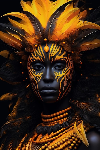 Una mujer con pintura facial negra y amarilla y plumas que dicen 'soy una tribu'