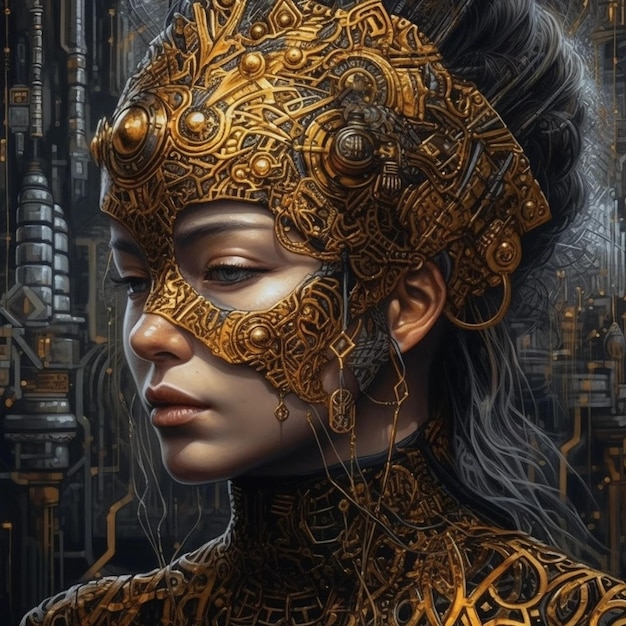 Una mujer con una pintura facial negra y dorada arte cyberpunk de Jan Tengnagel presentado en cg society