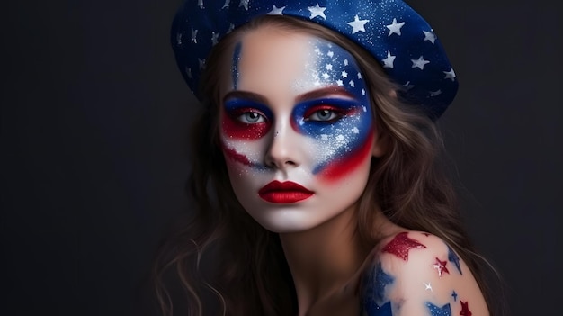 Una mujer con una pintura facial patriótica y estrellas en la cara.