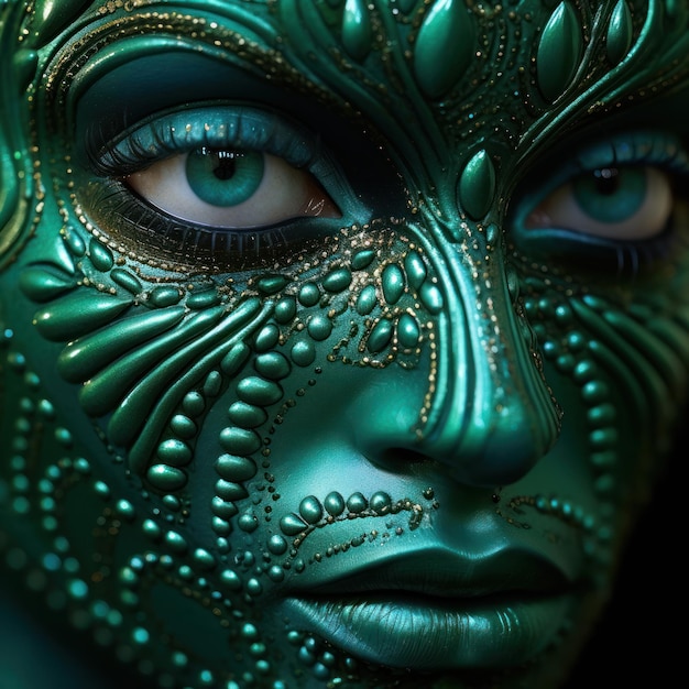Una mujer con pintura facial verde.