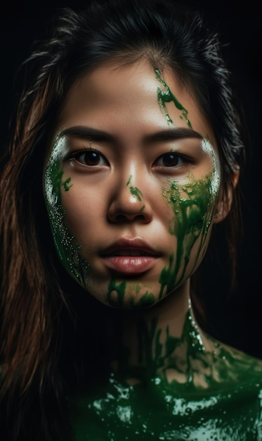 Una mujer con pintura verde en la cara.