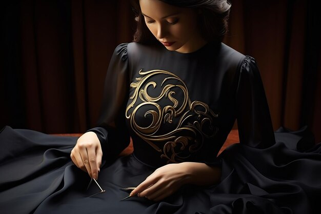 una mujer en una pintura de vestido negro con un diseño dorado en su vestido