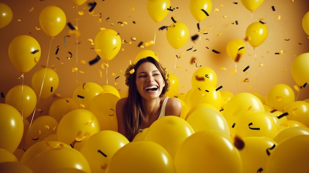 Una mujer en una piscina de bolas amarilla rodeada de globos.