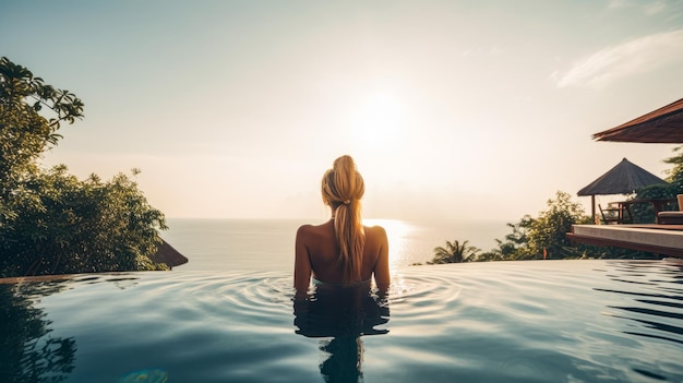 Una mujer en una piscina con el mar de fondo