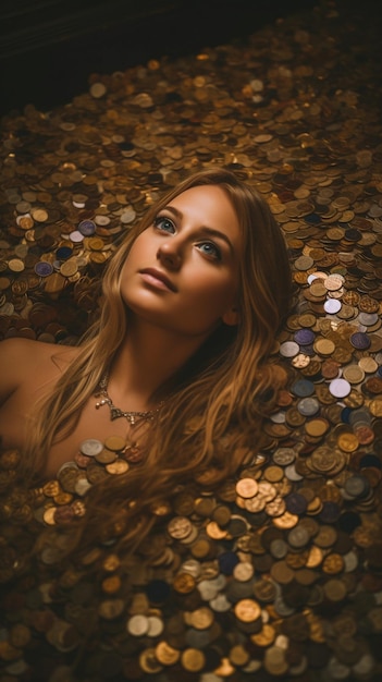 Una mujer en una piscina de monedas de oro