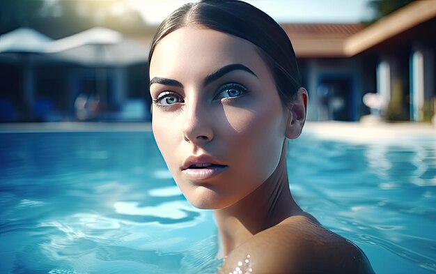 mujer en la piscina en el resort spa hotel profesional publicidad post foto ai generado