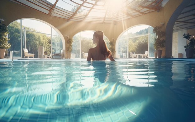 mujer en la piscina en el resort spa hotel profesional publicidad post foto ai generado