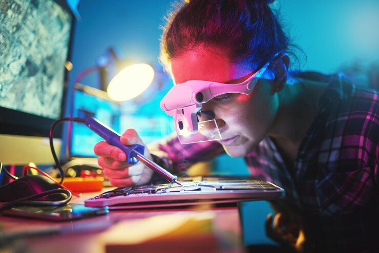 Foto mujer placa base de computadora y soldador para fabricar microchip y desarrollo de ti placa de circuito de tecnología de la información y electrónica para hardware de ingeniería y sistema con herramientas