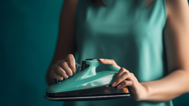 Una mujer plancha una plancha verde azulado frente a un fondo verde.