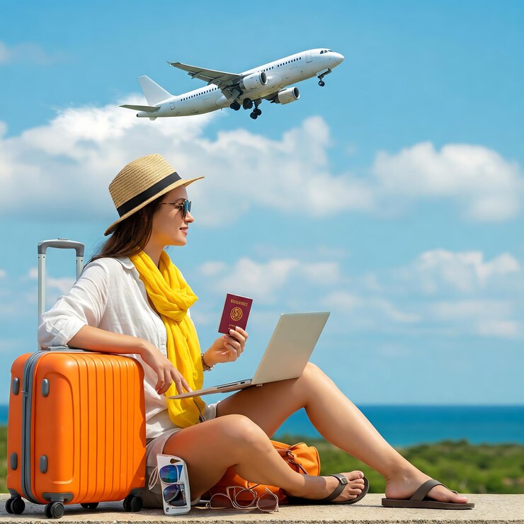 Mujer planeando su viaje con un pasaporte portátil y una maleta cerca de la playa