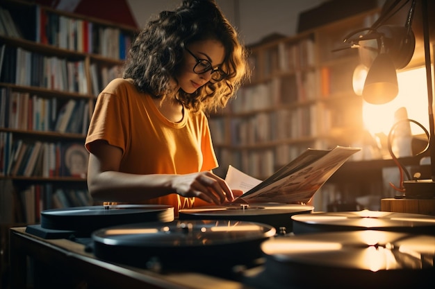 Mujer de plano medio revisando discos de vinilo