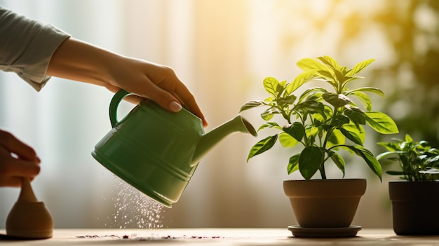 Foto mujer con planta verde en macetas en la mesa en el interior