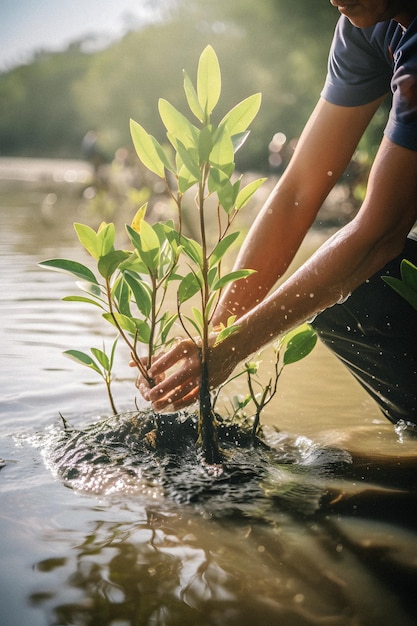 Una mujer plantando un árbol en el agua.