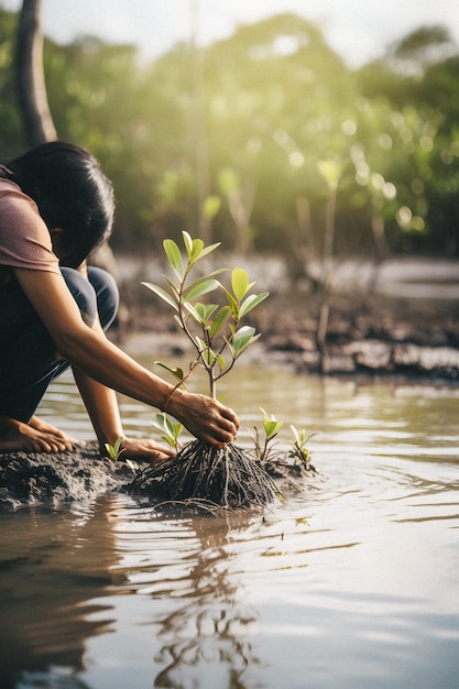 Una mujer plantando un árbol en un pantano.