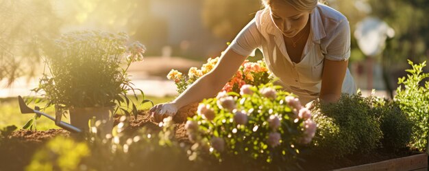 Mujer plantando verduras en el jardín cerca del panorama de la luz del sol de la casa de lujo Ai generativo