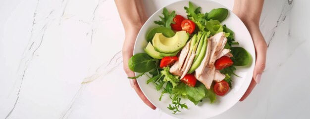 Foto mujer con un plato de ensalada con tomate