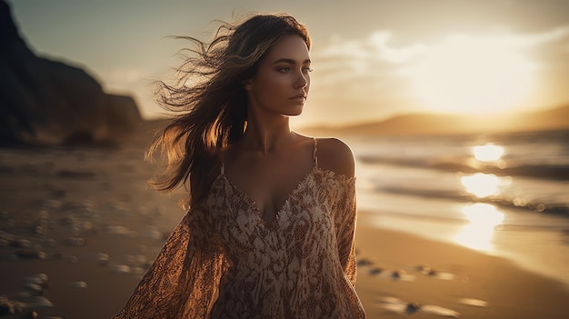 mujer en la playa al atardecer