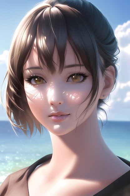 Mujer en la playa anime pintura digital ilustración