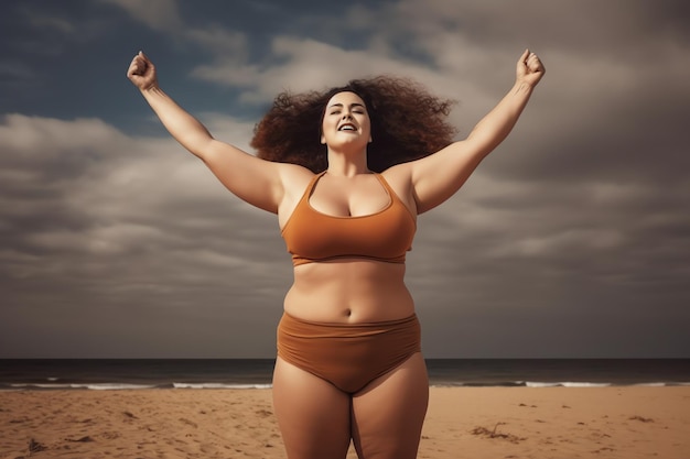 Una mujer en la playa con los brazos en alto