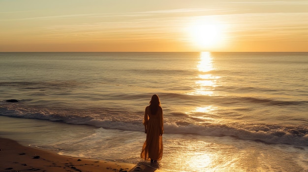 Una mujer se para en la playa mirando el sol.